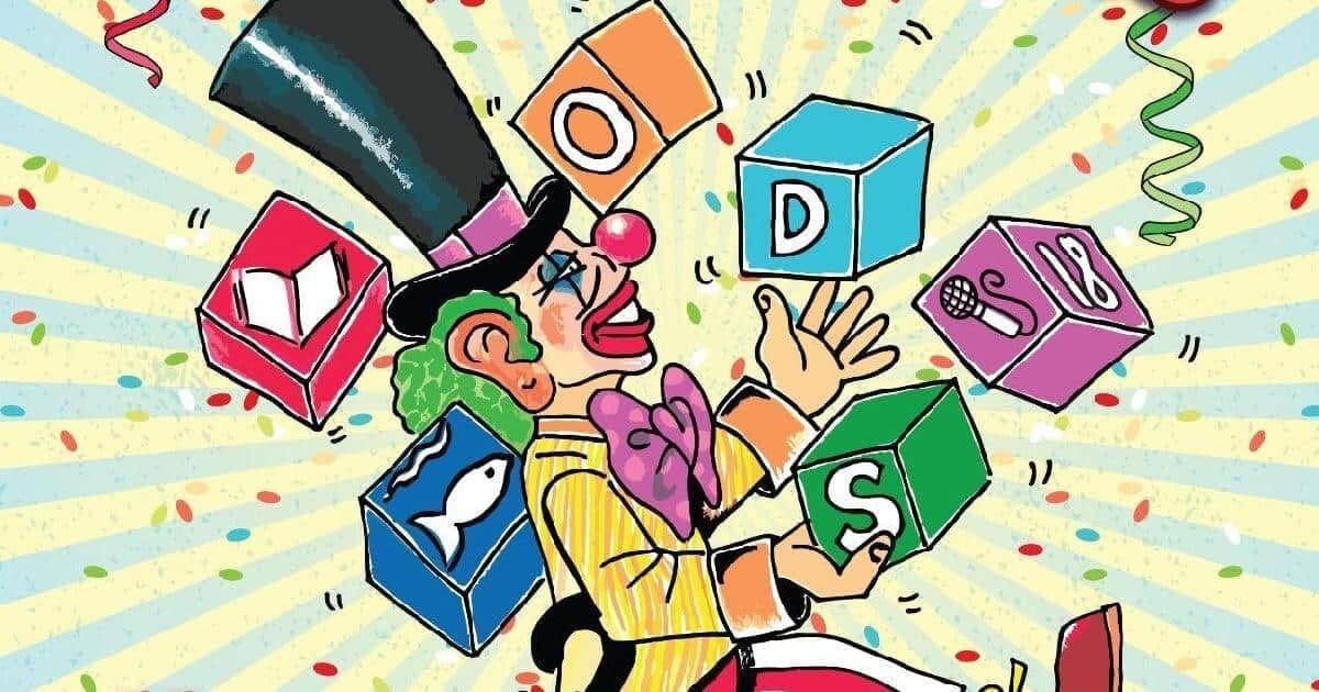 Palhaço com cubos coloridos e confete.