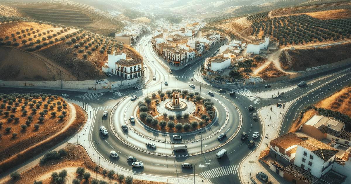 Rotunda urbana com veículos e oliveiras ao entardecer.